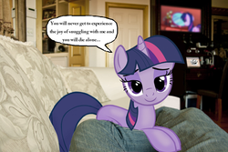 Size: 1000x667 | Tagged: safe, twilight sparkle, g4, bedroom eyes, couch, philosophy in the comments, ponies in real life, sad truth, snuggling, text, trollface