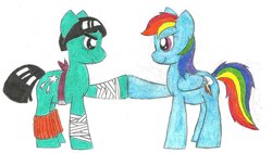 Size: 900x507 | Tagged: safe, artist:the-ocean-sings, rainbow dash, g4, crossover, hoofbump, naruto, ponified, rock lee