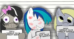 Size: 900x480 | Tagged: safe, artist:otterpopphillip, derpy hooves, dj pon-3, octavia melody, vinyl scratch, pegasus, pony, g4, bowtie, context is for the weak, female, kiss mark, mare, mugshot, running makeup