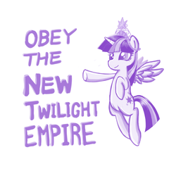Size: 1000x1000 | Tagged: safe, artist:ifthemainecoon, twilight sparkle, alicorn, pony, g4, magical mystery cure, big crown thingy, element of magic, female, flying, mare, monochrome, obey, pointing, simple background, smiling, solo, spread wings, twilight sparkle (alicorn), tyrant sparkle, white background