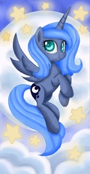 Size: 550x1056 | Tagged: safe, artist:mel-rosey, princess luna, pony, g4, derp, female, flying, moon, solo, stars, woona, young