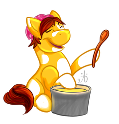 Size: 487x510 | Tagged: safe, artist:rattlesire, bandana, chubby, cooking mama, crossover, female, mare, plump, ponified, rule 85, spoon