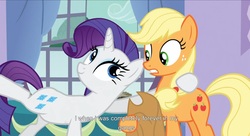 Size: 1599x871 | Tagged: safe, screencap, applejack, rarity, g4, youtube caption, youtube link