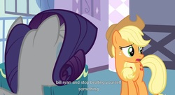 Size: 1591x867 | Tagged: safe, screencap, applejack, rarity, g4, youtube caption, youtube link