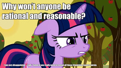 Size: 1280x719 | Tagged: safe, edit, edited screencap, screencap, twilight sparkle, pony, g4, over a barrel, alicorn drama, angry, caption, female, friendship report, image macro, meme, meta, solo