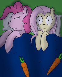 Size: 804x993 | Tagged: safe, artist:reijana, fluttershy, pinkie pie, g4, blanket, carrot, eyes closed, female, food, lesbian, on back, pillow, ship:flutterpie, shipping, shrunken pupils, sleeping