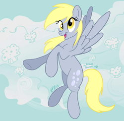 Size: 855x836 | Tagged: safe, artist:cluttercluster, derpy hooves, pegasus, pony, g4, female, mare, sky, solo