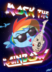 Size: 800x1100 | Tagged: safe, artist:willdrawforfood1, rainbow dash, pony, g4, chubbie, female, guitar, rock (music), solo, space, sunglasses