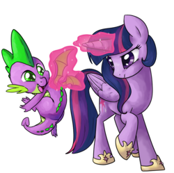 Size: 822x818 | Tagged: dead source, safe, artist:imp-oster, spike, twilight sparkle, alicorn, dragon, pony, g4, baby, baby dragon, clothes, duo, female, hilarious in hindsight, magic, magic aura, male, mare, shoes, simple background, transparent background, twilight sparkle (alicorn), winged spike, wings