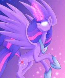 Size: 818x977 | Tagged: safe, artist:cruxisma, twilight sparkle, alicorn, pony, g4, female, glowing eyes, gradient background, hoof shoes, magic, magic aura, mare, peytral, purple background, simple background, solo, spread wings, twilight sparkle (alicorn), ultimate twilight, wings