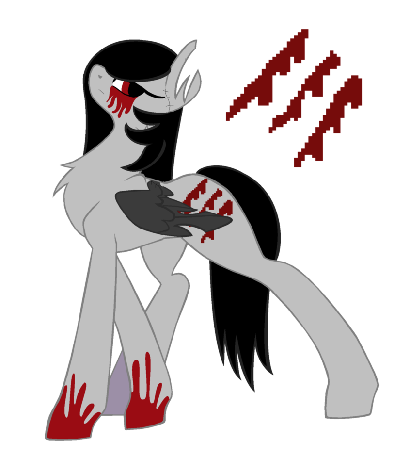 526716 - safe, artist:batchesofponies, oc, oc only, pony, unicorn, broken  horn, donut steel, edgy, emo, familiar, floppy ears, frown, glare, joke oc,  looking at you, open mouth, poe's law, prone, razor blade