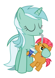 Size: 750x1065 | Tagged: safe, babs seed, lyra heartstrings, earth pony, pony, unicorn, g4, cursed, cursed image, duo, duo female, eyes closed, female, filly, foal, mare, simple background, soda, transparent background, wat