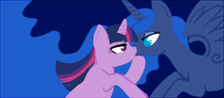 Size: 600x264 | Tagged: safe, artist:lulubell, princess luna, twilight sparkle, alicorn, pony, unicorn, g4, duo, female, kiss on the lips, kissing, lesbian, mare, ship:twiluna, shipping, unicorn twilight