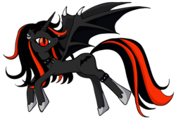 Size: 900x608 | Tagged: safe, artist:kuromena, oc, oc only, alicorn, bat pony, bat pony alicorn, pony, alicorn oc, collar, familiar, looking back, red and black oc, solo