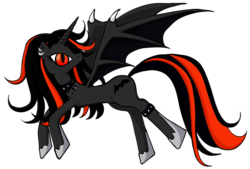 Size: 900x608 | Tagged: safe, artist:kuromena, oc, oc only, alicorn, bat pony, bat pony alicorn, pony, alicorn oc, choker, claws, collar, ear piercing, earring, familiar, female, flying, hoof shoes, jewelry, looking back, mare, piercing, red and black oc, red eyes, simple background, slit pupils, solo, spread wings, transparent background, turned head, wing claws, wings