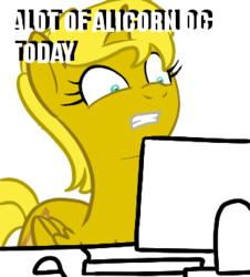 Size: 313x347 | Tagged: safe, oc, oc only, oc:ticket, alicorn, pony, alicorn oc, computer, meta, reaction image, solo