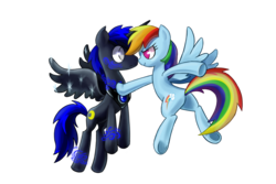 Size: 1024x683 | Tagged: safe, artist:gatodelfuturo, rainbow dash, oc, alicorn, pegasus, pony, g4, alicorn oc, canon x oc, duo, female, hoof on chest, male, shipping, simple background, straight, transparent background, underhoof