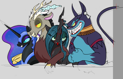 Size: 1131x726 | Tagged: safe, artist:zev, ahuizotl, discord, nightmare moon, queen chrysalis, alicorn, changeling, draconequus, pony, g4, antagonist