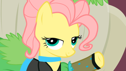 Size: 900x506 | Tagged: dead source, safe, artist:popuicat, fluttershy, pony, g4, clothes, dress, saloon dress, solo