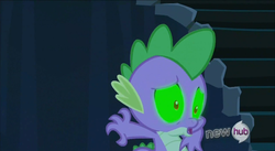 Size: 639x349 | Tagged: safe, screencap, spike, dragon, g4, the crystal empire, bust, greatest fear, green sclera, hub logo, logo, solo, stairs, the hub