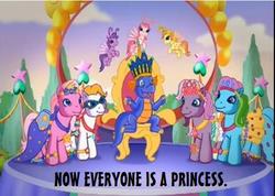 Size: 481x342 | Tagged: safe, edit, edited screencap, screencap, master kenbroath gilspotten heathspike, pinkie pie (g3), rainbow dash (g3), sunny daze (g3), tiddly wink, tra-la-la, wysteria, zipzee, breezie, dragon, earth pony, pony, g3, g4, magical mystery cure, the princess promenade, princess, princess pinkie pie, princess rainbow dash, princess sunny daze, princess wysteria