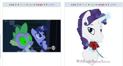 Size: 561x303 | Tagged: safe, screencap, rarity, spike, twilight sparkle, g4, elusive, exploitable meme, juxtaposition, juxtaposition win, rule 63