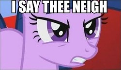 Size: 443x255 | Tagged: safe, screencap, twilight sparkle, pony, unicorn, g4, angry, female, frown, glare, gritted teeth, image macro, mare, neigh, pun, reaction image, solo, thor, thorlight sparkle