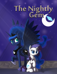 Size: 1610x2100 | Tagged: safe, artist:valcron, princess luna, rarity, g4, fanfic, frown, gem, moon, night, raised eyebrow, raised hoof, sitting, smiling, spread wings