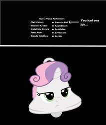 Size: 500x588 | Tagged: safe, edit, edited screencap, screencap, sweetie belle, g4, just for sidekicks, bell, credits, end credits, inanimate tf, misspelling, my little brony, name pun, pun, solo, sweetie bell, sweetie belle is not amused, text, they just didn't care, transformation, unamused, visual pun, you had one job