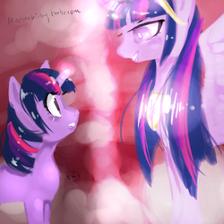 Size: 800x800 | Tagged: safe, artist:marinakirby, twilight sparkle, alicorn, pony, unicorn, g4, 30 minute art challenge, duality, female, mare, self ponidox, twilight sparkle (alicorn), ultimate twilight, unicorn twilight