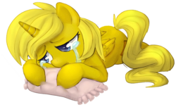 Size: 600x365 | Tagged: safe, artist:adailey, oc, oc only, oc:ticket, alicorn, pony, alicorn oc, crying, pillow, sad, simple background, solo, transparent background