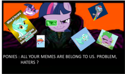 Size: 1529x907 | Tagged: safe, lyra heartstrings, rainbow dash, spike, twilight sparkle, dragon, pegasus, pony, unicorn, g4, all your base are belong to us, conspiracy lyra, crossing the memes, dinkleberg, dolan, exploitable meme, female, male, mare, meme, memeception, nyan cat, nyan dash, trollface, y u no, zero wing