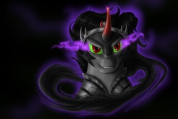 Size: 2000x1343 | Tagged: safe, artist:anadukune, king sombra, pony, g4, black background, bust, dark magic, evil smile, grin, head only, magic, male, portrait, simple background, smiling, solo, sombra eyes