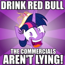 Size: 960x960 | Tagged: safe, artist:american mutt, twilight sparkle, alicorn, pony, g4, lesson zero, my little pony: friendship is magic, advice meme, advice twilicorn, alicorn drama, caption, drama, exploitable meme, image macro, it gives you wings, meme, red bull, red bull gives you wings, text, true story, twilight sparkle (alicorn)