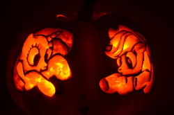 Size: 900x596 | Tagged: safe, artist:serasmom, applejack, rarity, g4, halloween, holiday, jack-o-lantern, pumpkin