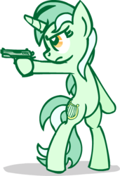 Size: 348x509 | Tagged: artist needed, safe, lyra heartstrings, pony, unicorn, g4, bipedal, female, gun, pistol, simple background, solo, transparent background