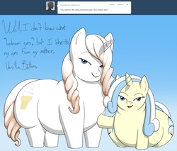Size: 1300x1110 | Tagged: safe, artist:lesang, oc, oc only, oc:belle bottom, oc:vanilla bottom, pony, unicorn, ask belle bottom, fat, filly, huge butt, impossibly large butt, impossibly wide hips, large butt, mother, mother and daughter, wide hips