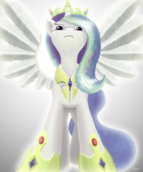 Size: 1250x1500 | Tagged: dead source, safe, artist:denial-is-tragic, princess celestia, alicorn, pony, g4, disappointed, female, frown, hoof shoes, solo, spread wings