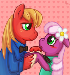 Size: 1831x1967 | Tagged: dead source, safe, artist:eddiedodoman, big macintosh, cheerilee, earth pony, pony, g4, blushing, clothes, female, heart, heart background, male, mare, pixiv, ship:cheerimac, shipping, stallion, straight