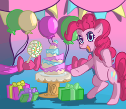 Size: 1600x1387 | Tagged: safe, artist:dem-d3m, pinkie pie, earth pony, pony, g4, balloon, cake, female, party, present, solo