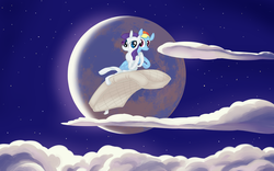 Size: 1920x1200 | Tagged: safe, artist:fxcellent, rainbow dash, rarity, g4, doll, female, flying, lesbian, mattress, moon, ronbow dosh, rurrity, ship:raridash, shipping, wat