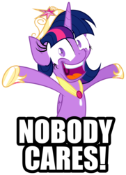Size: 2166x3000 | Tagged: safe, anonymous artist, twilight sparkle, alicorn, pony, g4, caption, crazy face, faic, female, folded wings, image macro, looking at you, mare, nobody cares, open mouth, reaction image, simple background, smiling, solo, text, transparent background, twilight sparkle (alicorn), vector, wide eyes
