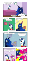 Size: 1000x2122 | Tagged: safe, artist:thewormouroboros, princess cadance, princess luna, shining armor, g4, comic, pun