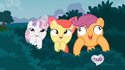 Size: 1600x900 | Tagged: safe, artist:misterdavey, apple bloom, scootaloo, sweetie belle, g4, derp, derpy gets pranked, female, filly, happy, hub logo, laughing, mare