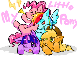 Size: 800x600 | Tagged: safe, artist:6 3, artist:yorosikune, applejack, pinkie pie, rainbow dash, twilight sparkle, pony, unicorn, g4, floppy ears, lying down, on back, one ear down, pixiv, pony pile, unicorn twilight