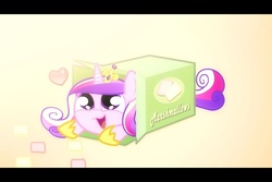 Size: 960x640 | Tagged: safe, artist:2snacks, princess cadance, pony, g4, :3, box, cute, cutedance, female, filly, heart, looking up, marshmallow, open mouth, prone, sliding ponies, smiling, solo, younger