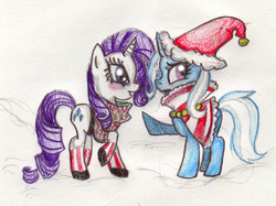 Size: 1641x1229 | Tagged: safe, artist:kage-kunoichi, rarity, trixie, g4, blushing, clothes, female, hat, lesbian, rarixie, santa hat, shipping, socks, striped socks, traditional art