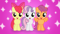 Size: 1920x1080 | Tagged: safe, artist:thatguy1945, part of a set, apple bloom, scootaloo, sweetie belle, earth pony, pegasus, pony, unicorn, g4, just for sidekicks, abstract background, adorabloom, cute, cutealoo, cutie mark crusaders, cutie mark cuties, diasweetes, female, filly, foal, happy, looking at you, open mouth, smiling, spread wings, trio, wallpaper, weapons-grade cute, wings