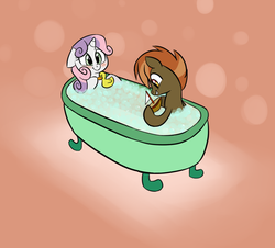 Size: 1024x925 | Tagged: safe, artist:jessy, button mash, sweetie belle, earth pony, pony, unicorn, g4, abstract background, bath, blushing, colt, duo, female, filly, floppy ears, foal, male, rubber duck, ship:sweetiemash, shipping, straight