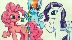 Size: 934x528 | Tagged: safe, artist:askamberfawn, pinkie pie, rainbow dash, rarity, butterfly, g4, traditional art